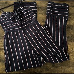 Derek Heart Navy Jumpsuit with Pink and White Stripes